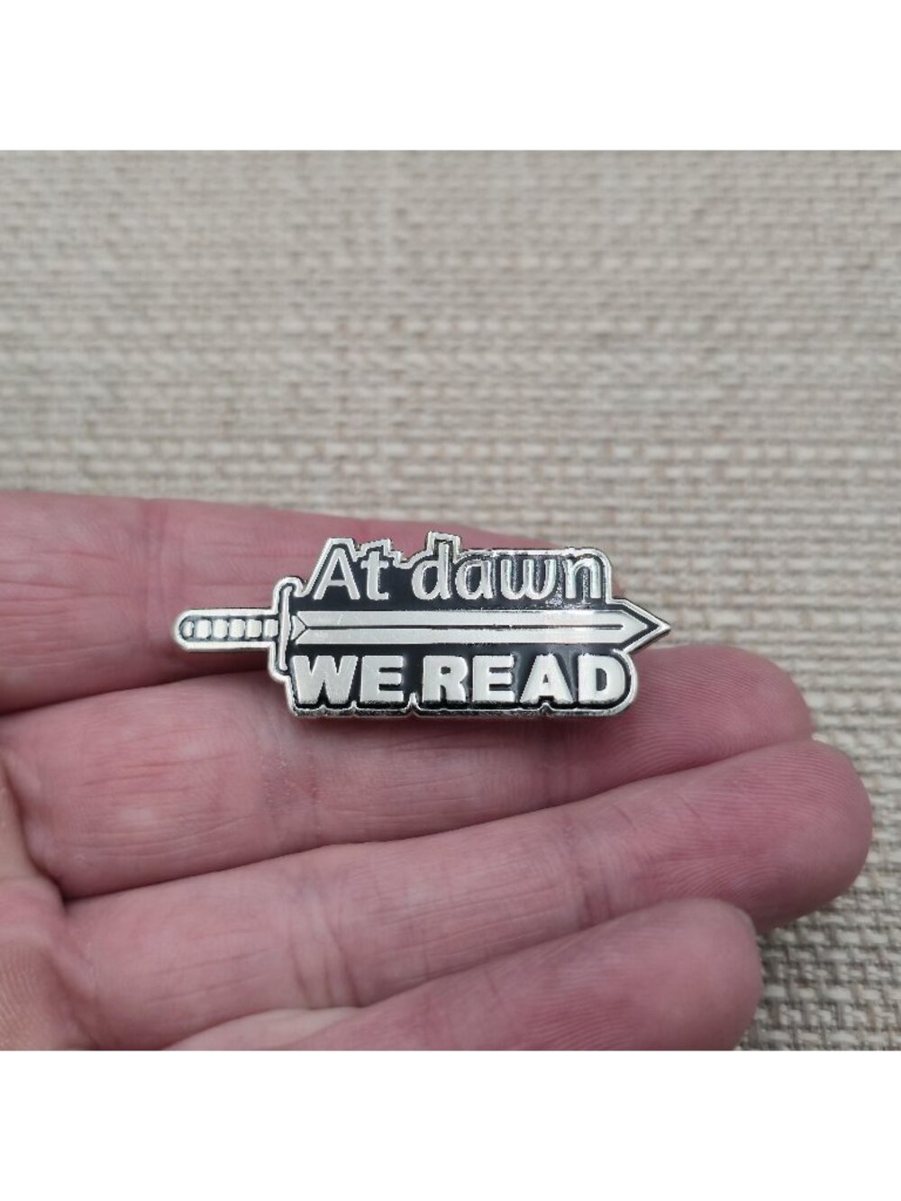 At Dawn We Read Sword Enamel Pin — Library Comic Reader Lapel Pin A8962
